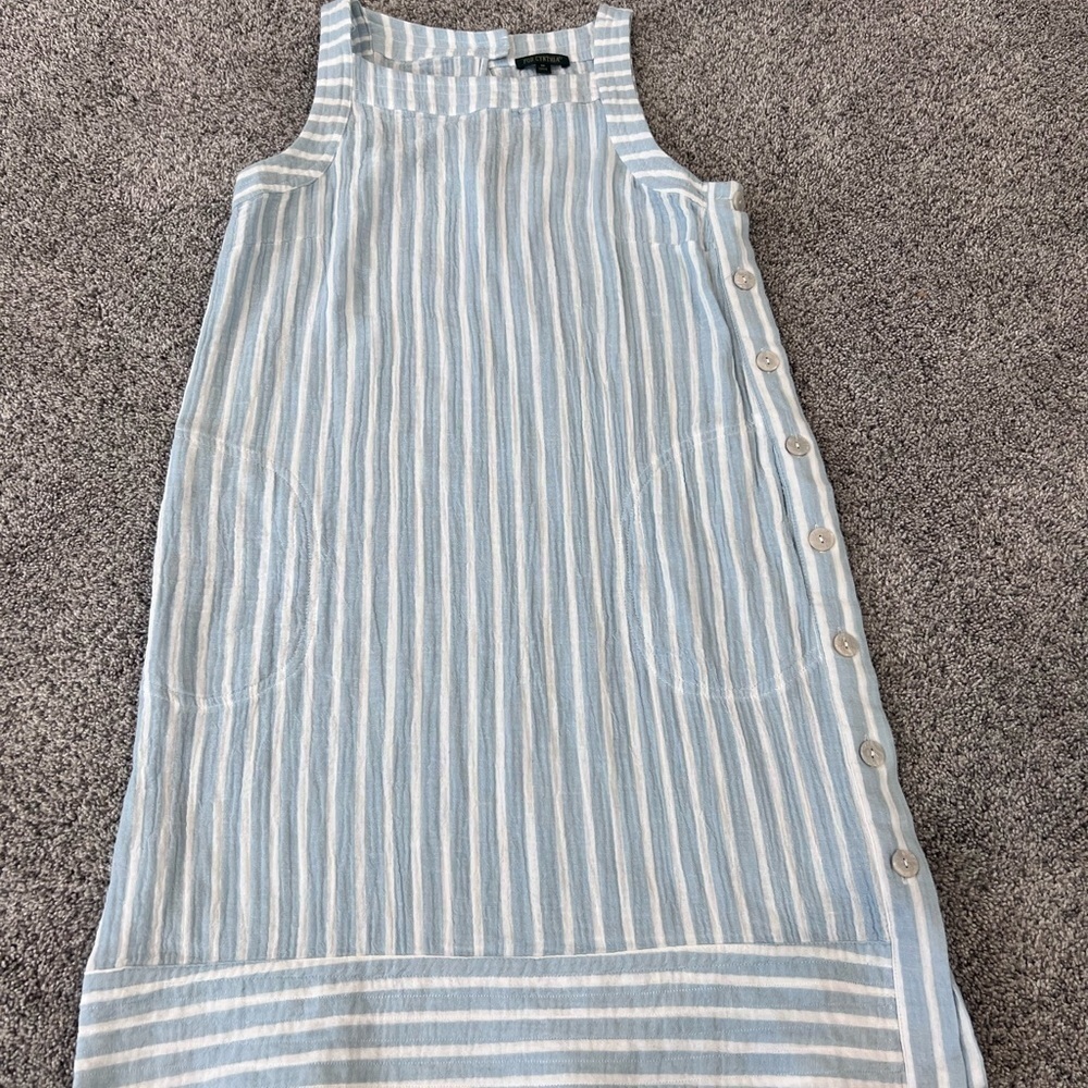 For Cynthia 100% Cotton Light Blue White Striped Dress Side Buttons Size Medium